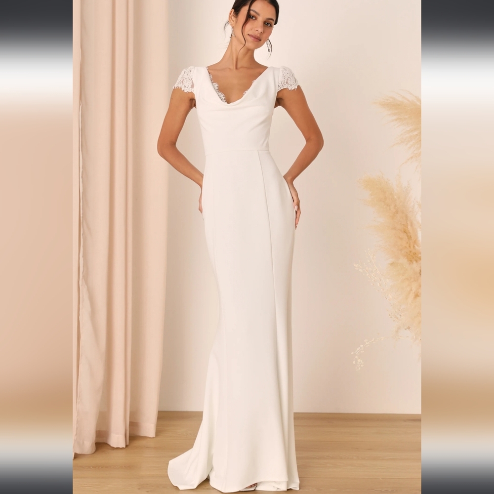 Lulus NWT NEW Forever Beloved White Lace Cap Sleeve Mermaid Maxi Dress Size Medi